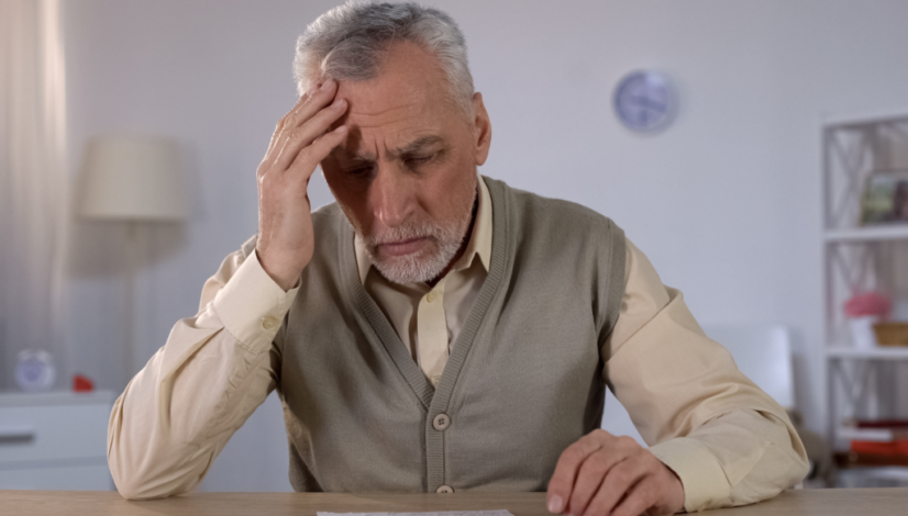 Elderly man showing signs of cognitive stress, resting head in hand while looking at scattered papers.