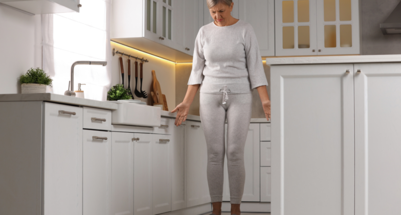 Senior woman in a modern kitchen, standing on a scale, reflecting on weight management and health-related concerns.