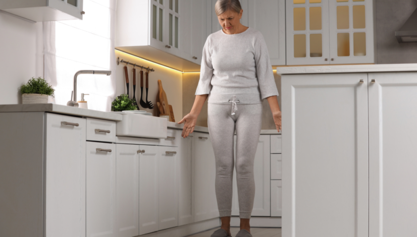 Senior woman in a modern kitchen, standing on a scale, reflecting on weight management and health-related concerns.