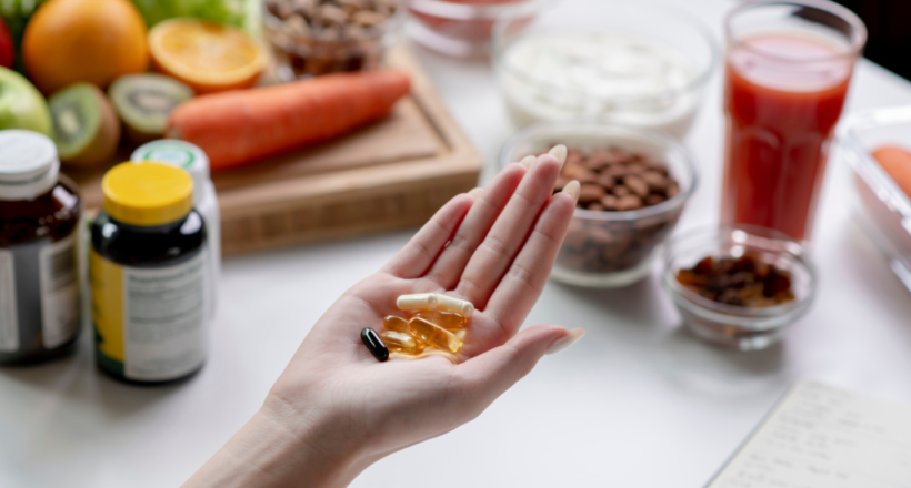 Hand holding vitamin supplements and supplement bottles on a table with fresh fruits, a carrot, and red juice in the background.