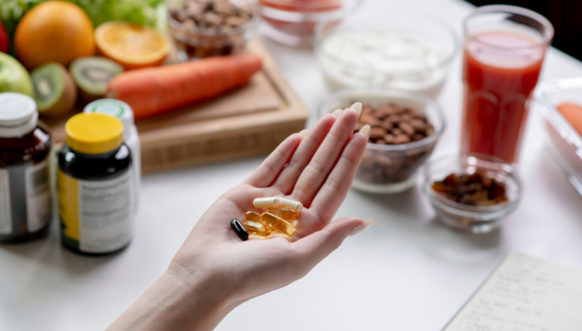 Hand holding vitamin supplements and supplement bottles on a table with fresh fruits, a carrot, and red juice in the background.