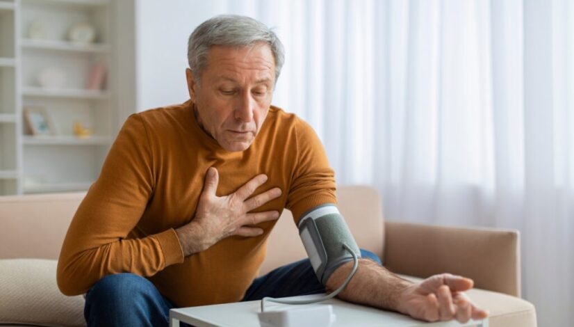 Middle-aged man checking blood pressure at home.